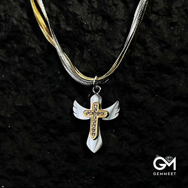 Wings Cross Double Layer Snake Chain Necklace