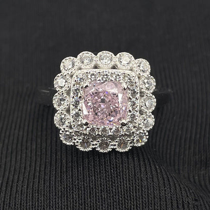 White Gold Cushion Shape Layered Stones Pink Gem Halo Ring