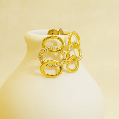 Golden Hammered Triple White Stones Hoop Earrings