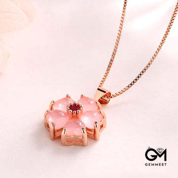 Pink Crystal Love Heart Flower Soothing Necklace Pendant