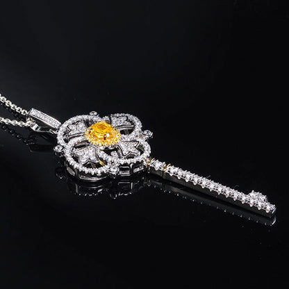 White Gold Yellow Sapphire Four-leaf Clover Key Shape Pendant