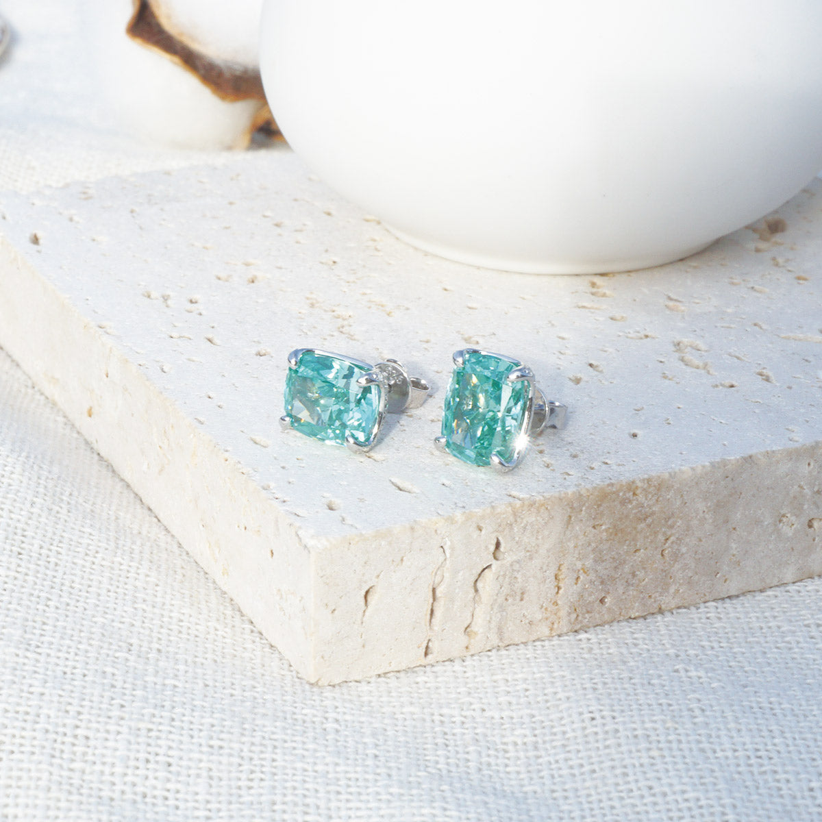 White Gold Plating Square Emerald Gem Prong Setting Stud Earrings