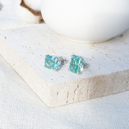 White Gold Plating Square Emerald Gem Prong Setting Stud Earrings