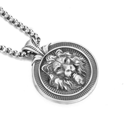 Sterling Silver Hip-Hop Round Male Lion Pendants Necklace