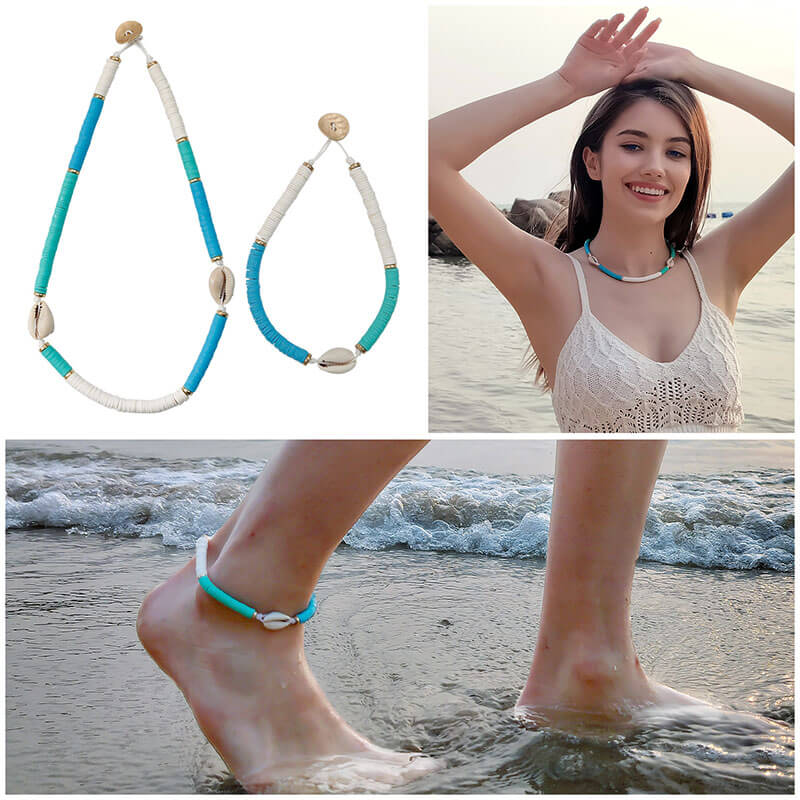 Bohemian Handmade Beaded Necklace Anklet Set Polymer Clay Conch Shell Ocean Wind Collar Foot Ornament Set