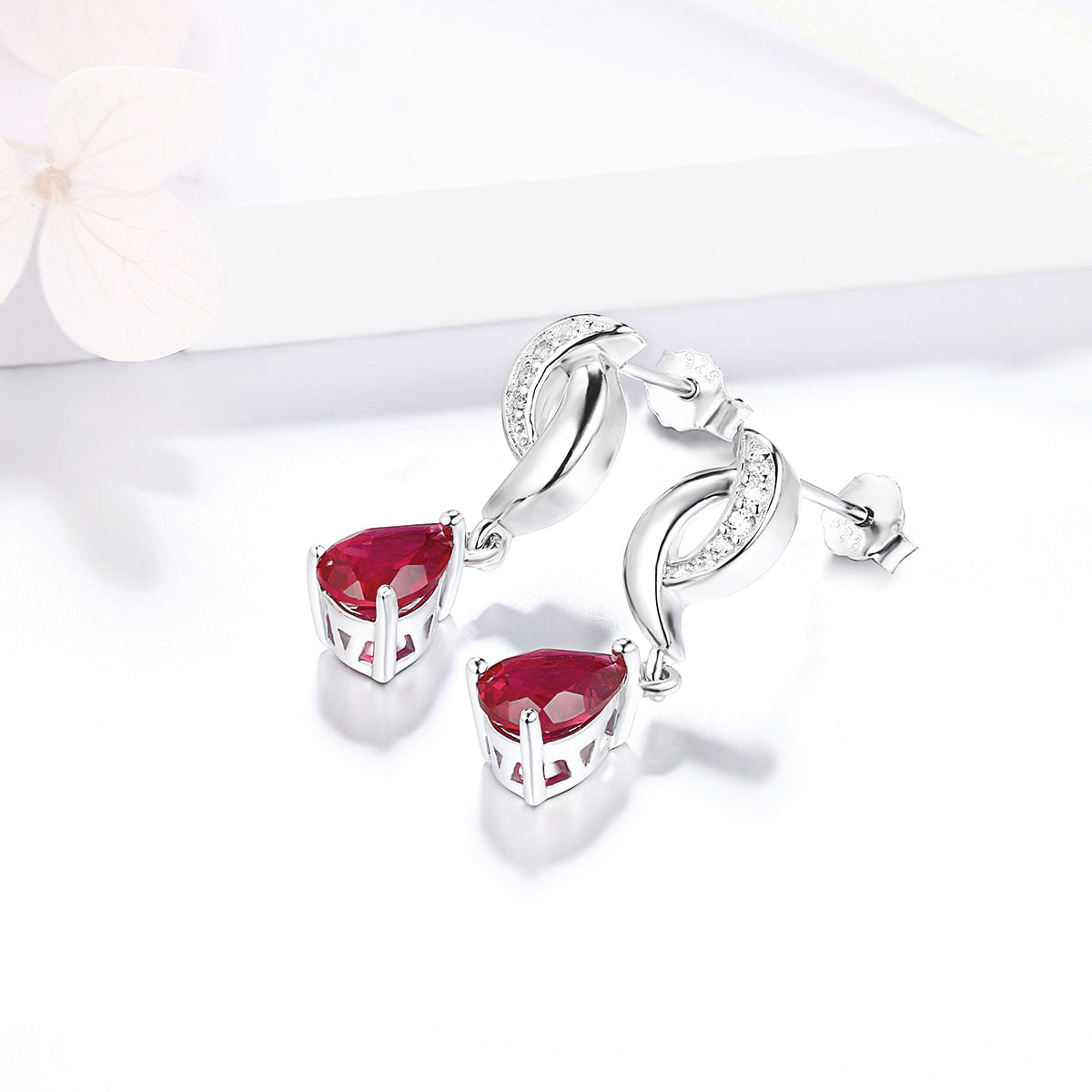 White Gold Hollow Drop Earrings with Pear Brilliant Cut Ruby Gem