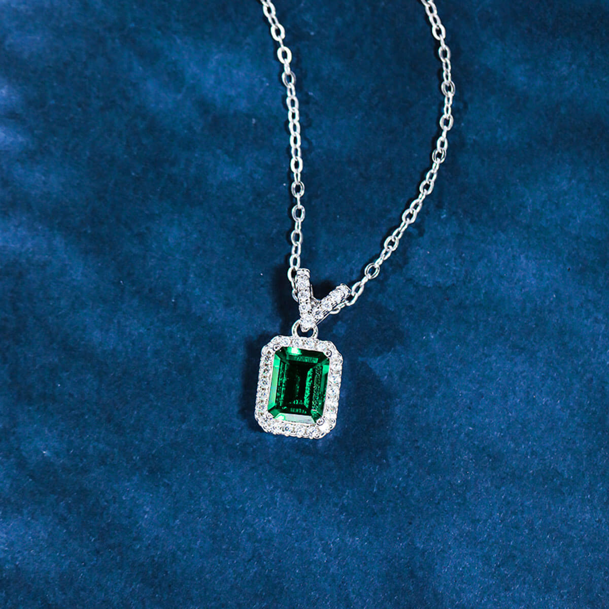 Rectangle Halo Emerald Pendant Chain