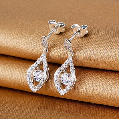 White Gold Olive Shape Full Stones Beating Drop Earrings