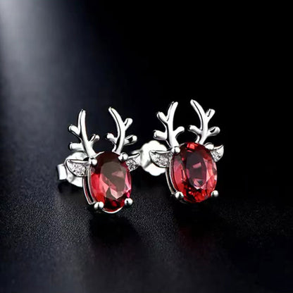 White Gold Elk Shape Ruby Gem Stud Earrings