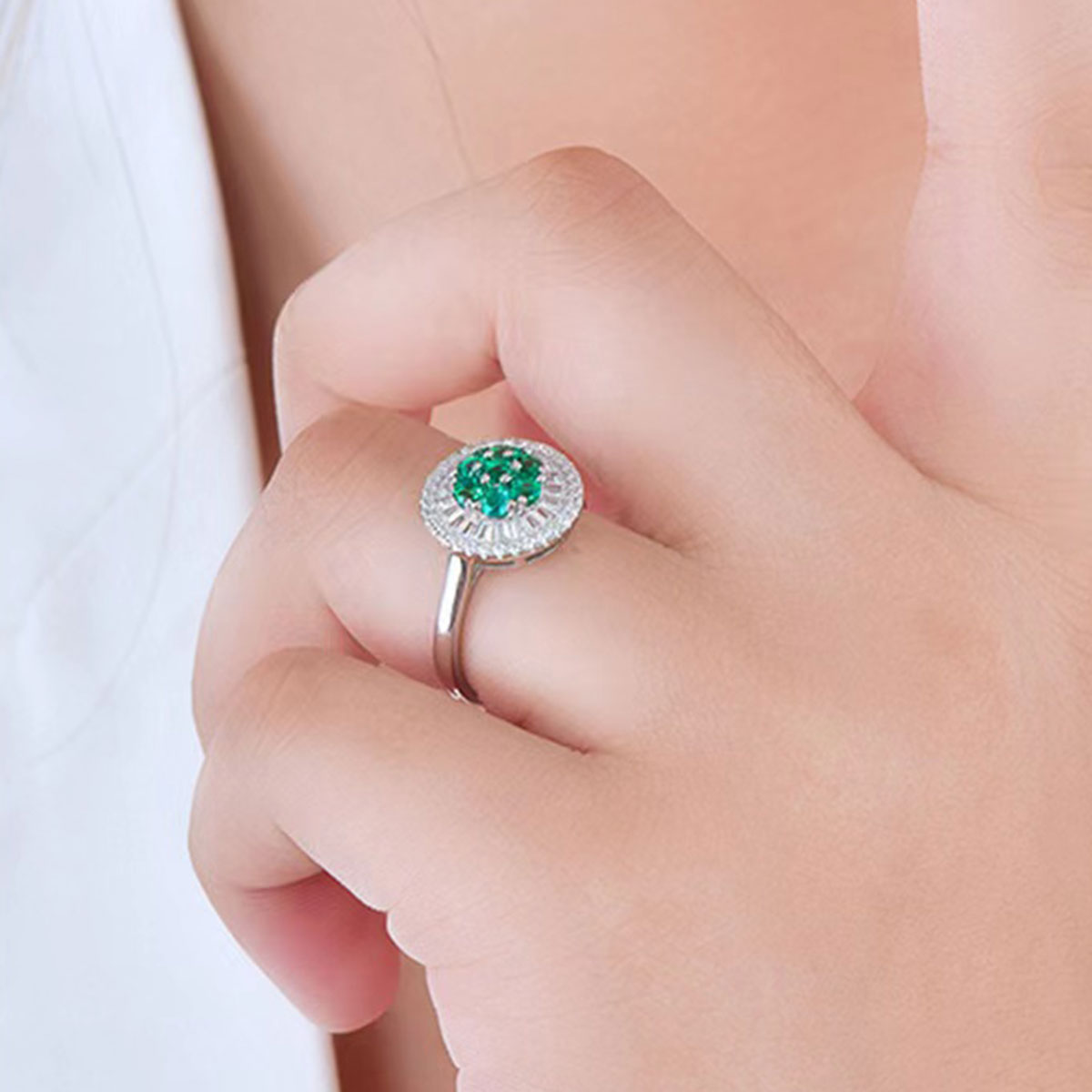 White Gold Circle Halo Emerald Signet Ring