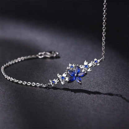 White Gold Flower Shape Blue Sapphire Adjustable Bracelet