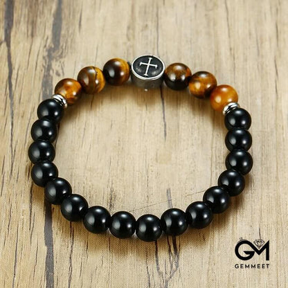 Tiger Eye Beaded Men Cross Bracelet