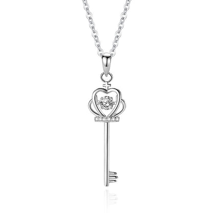 White Gold Crown Key Shape Beating Heart Mossanite Pendant