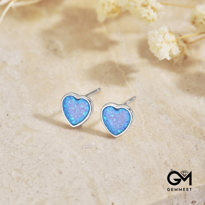 S925 Sterling Silver Blue Heart Opal Stud Earrings