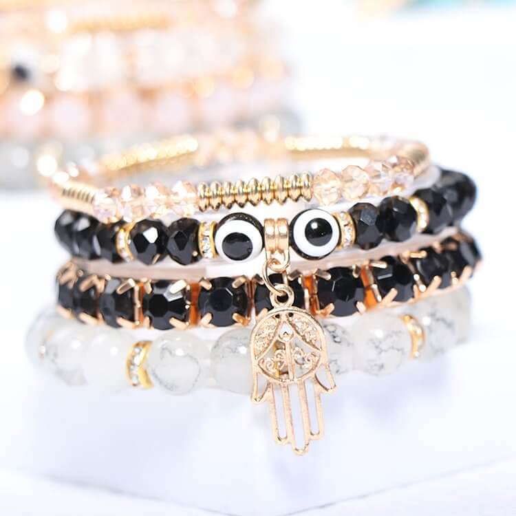 Evil Eye Hamsa Four Layer Beaded Bracelet Set