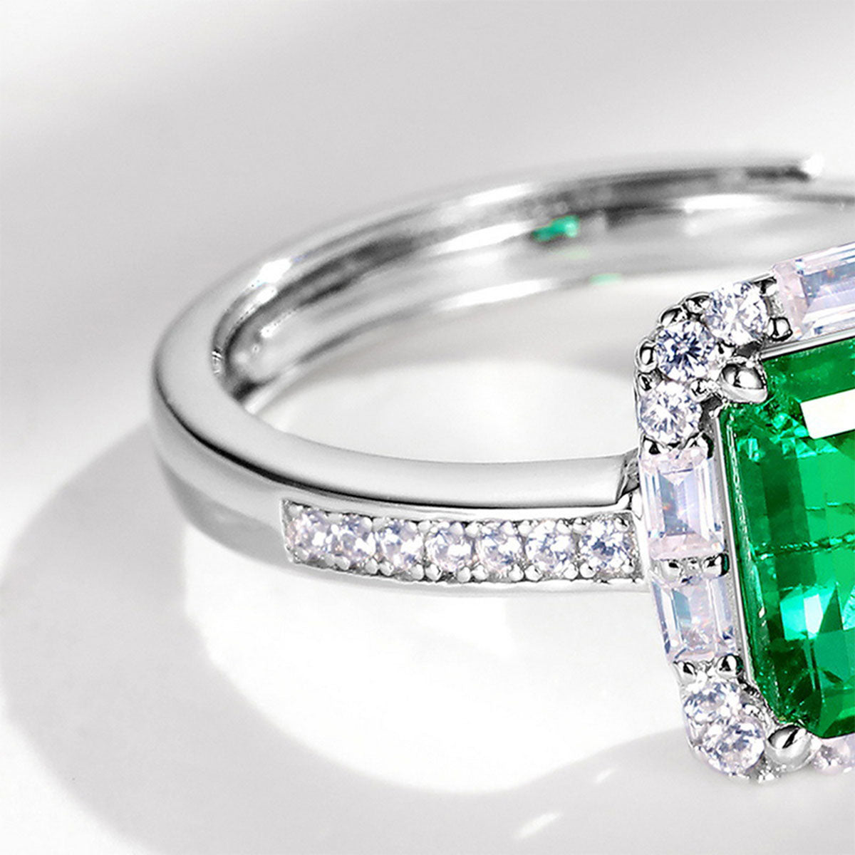 White Gold Rectangle Emerald Adjustable Halo Ring