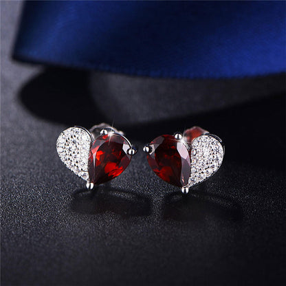 White Gold Half Design Ruby Gem Heart Shape Stud Earrings