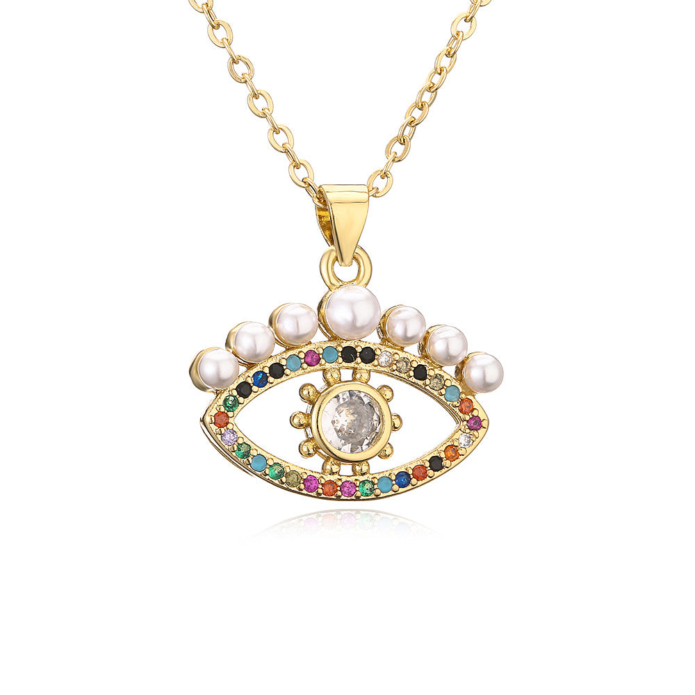 Hollow Evil Eye Color Stones Pearl Pendant Necklace