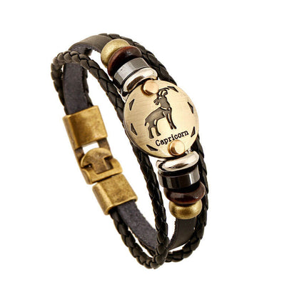 Zodiac Cowhide Simple Multi-layer Retro Braided Couple Leather Bracelet