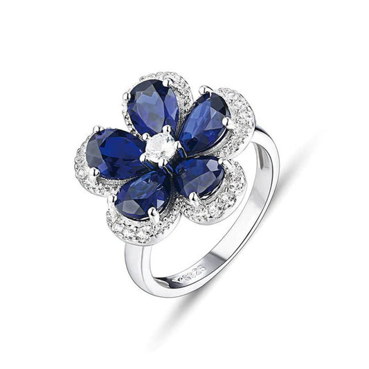 White Gold Blue Sapphire Five-leaf Clover Shape Signet Ring with Worldwide Setting Stones