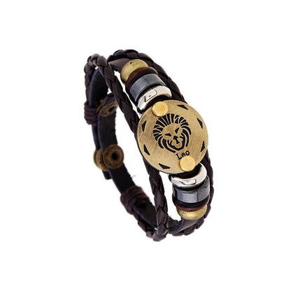 Hand Beaded Zodiac Cowhide Braided Adjustable Fashion Leather Bracelet