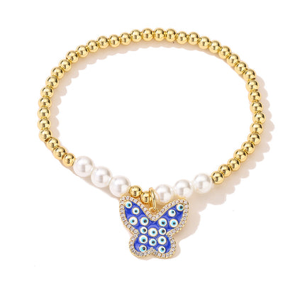 Halo Butterfly Pendant Golden Bead Bracelet