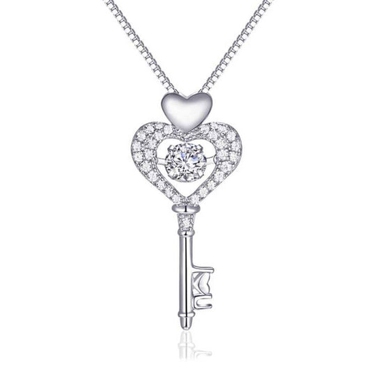 White Gold Heart Key Shape Full Stones Beating Heart Pendant