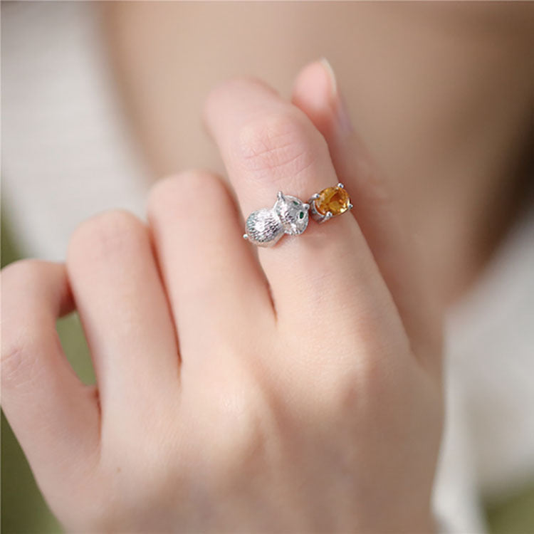 Cute Hamster Oval Cut Amber Adjustable Ring