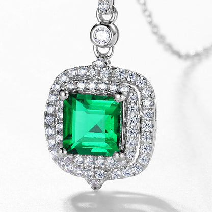 White Gold Cushion Shape Double Halo Emerald Chain