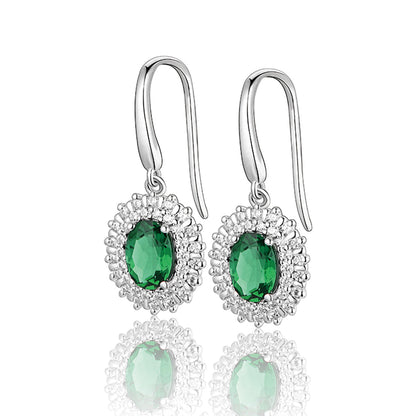 White Gold Oval Emerald Gem Drop Earrings with Worldwide Setting Stones