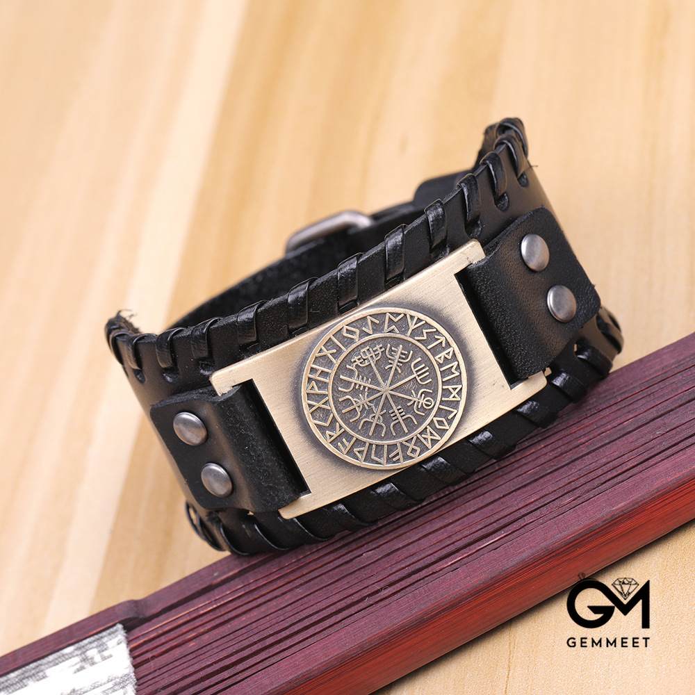 Wide Leather Odin Compass Bracelet