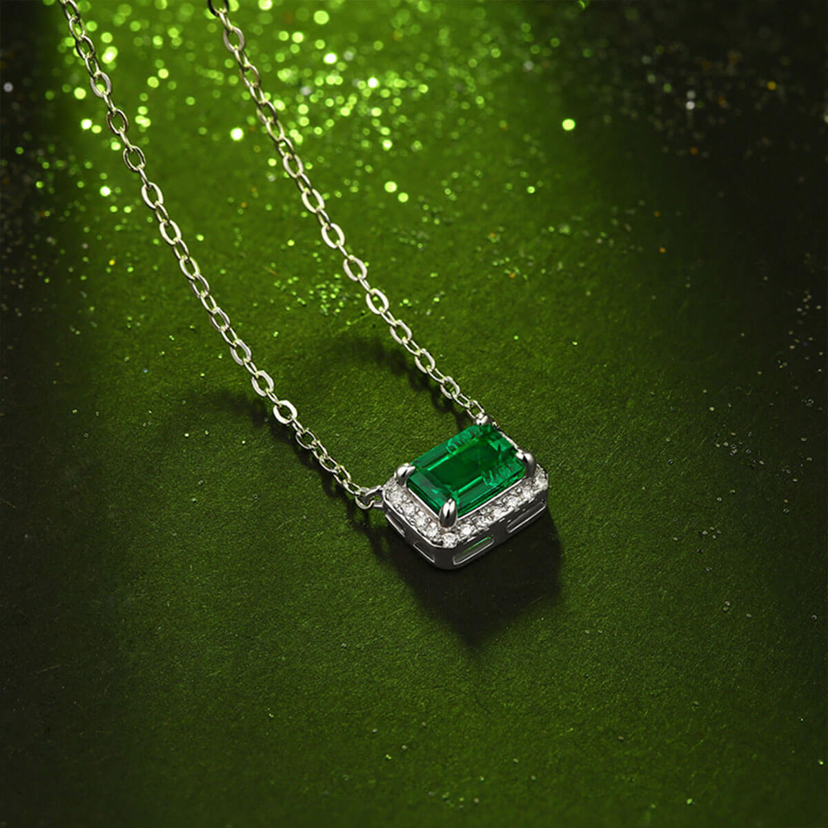 White Gold Square Halo Emerald Chain