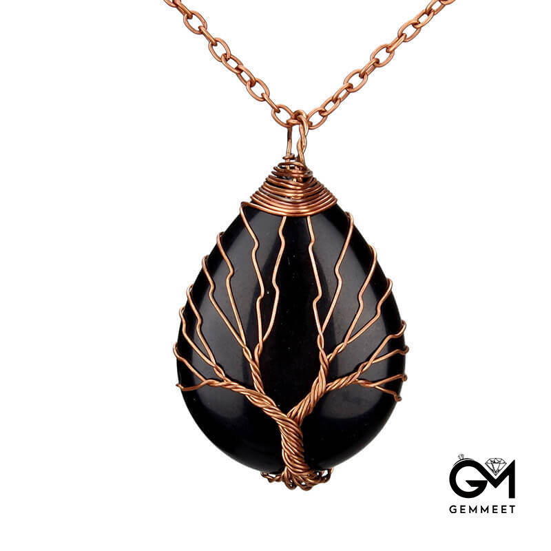 Wrap Silk Life Tree Obsidian Stone Drop Necklace