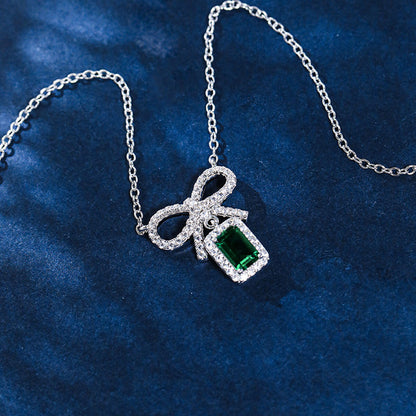 Hollow Bow Tie Emerald Halo Full Stones Pendant Chain