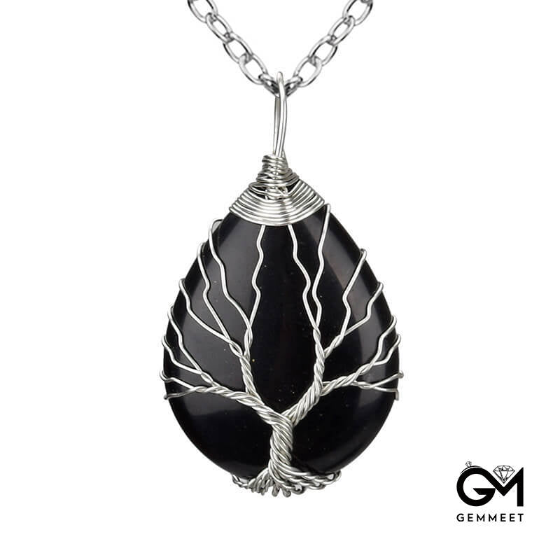 Wrap Silk Life Tree Obsidian Stone Drop Necklace