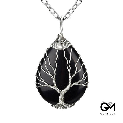 Wrap Silk Life Tree Obsidian Stone Drop Necklace