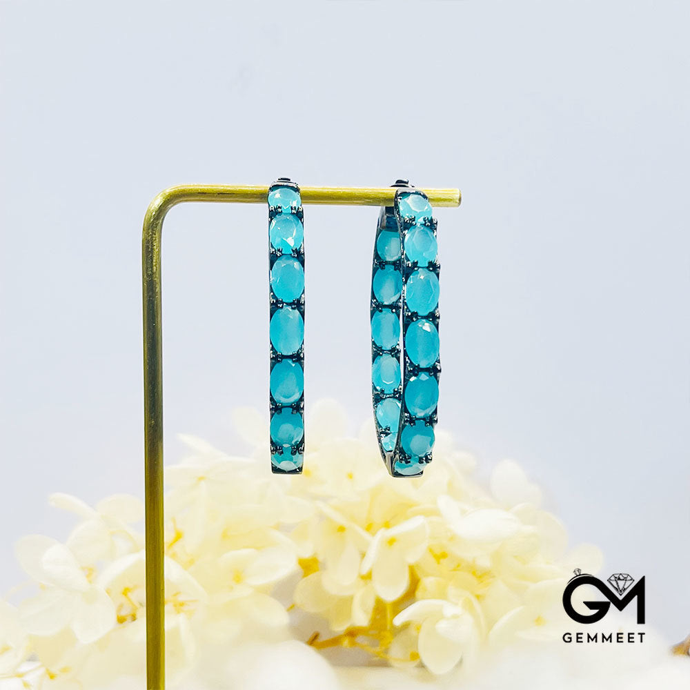 Bidirectional Design Full Drip Shape Light Blue Stone Hoop Earrings