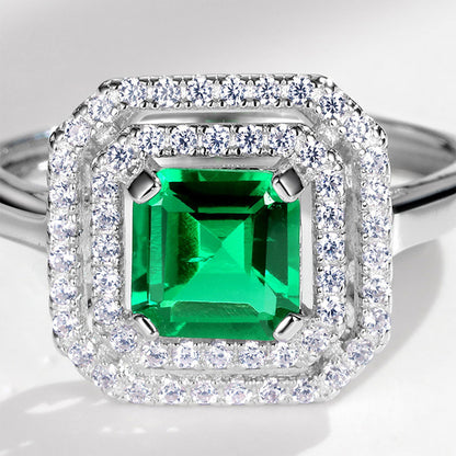 White Gold S925 Square Cut Emerald Halo Signet Ring