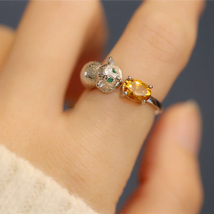 Cute Hamster Oval Cut Amber Adjustable Ring