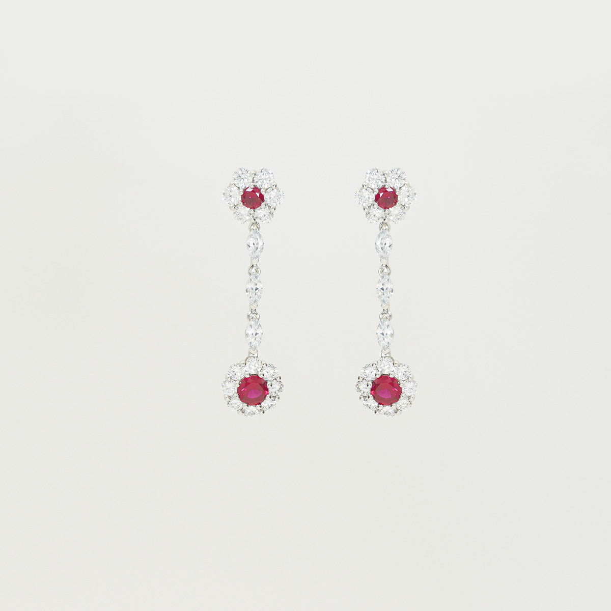 White Gold Ruby Gem Flower Shape Drop Earrings