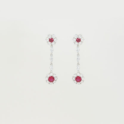 White Gold Ruby Gem Flower Shape Drop Earrings