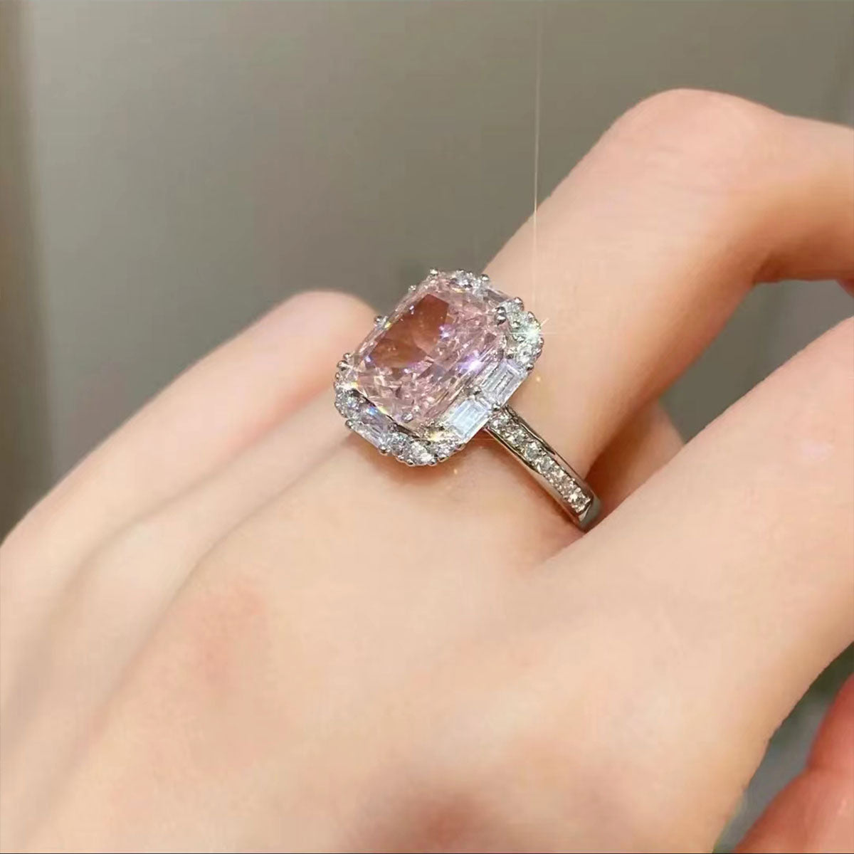 White Gold Rectangle Pink Gem Adjustable Halo Ring