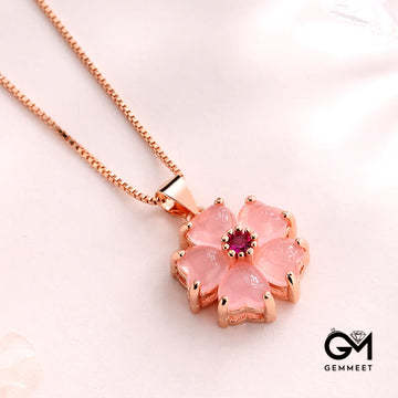 Pink Crystal Love Heart Flower Soothing Necklace Pendant