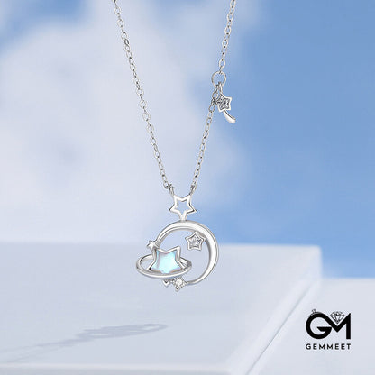 925 Silver Star Moon Moonstone Necklace