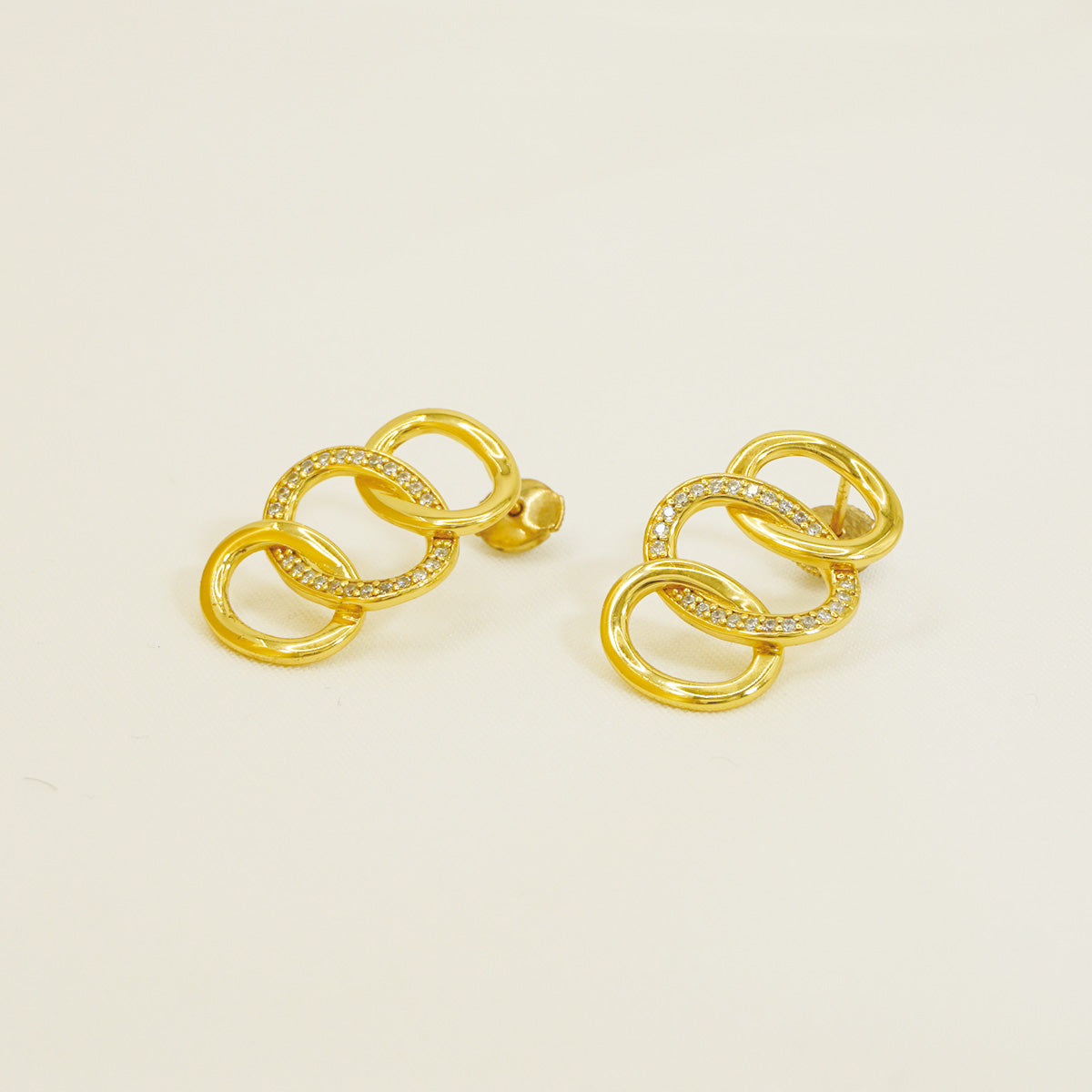 Golden Hammered Triple White Stones Hoop Earrings