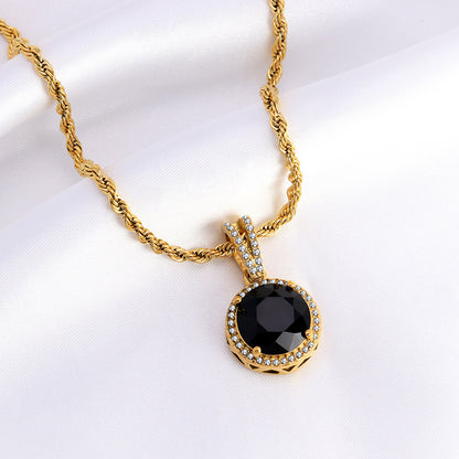 Retro Black Stone Halo Pendant Necklace