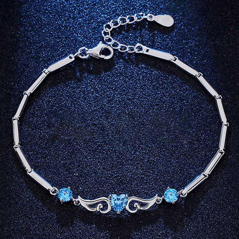 White Gold Angel Wings Heart Shape Blue Sapphire Bracelet