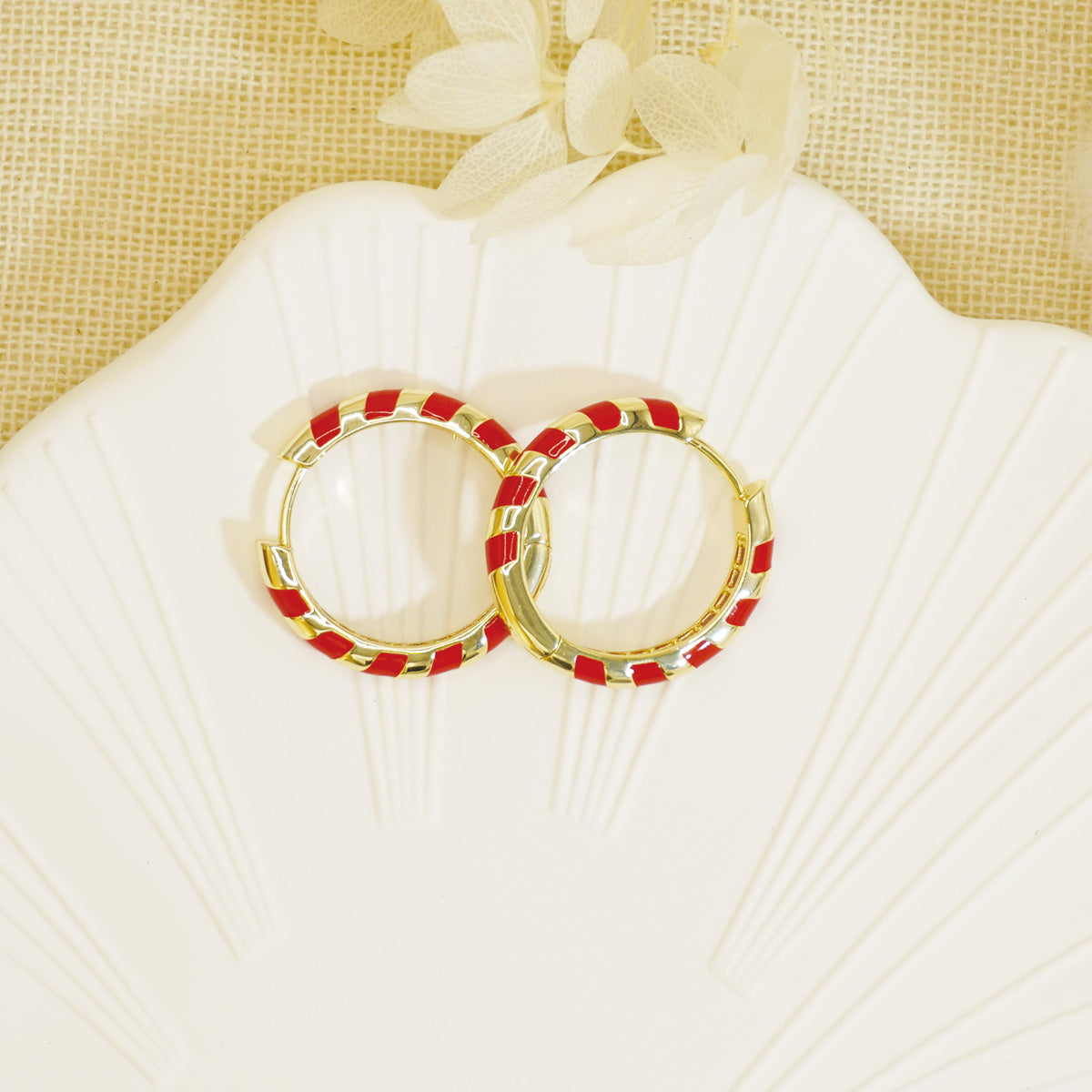 Red Stripe Round Gold Hoop Earrings for Women