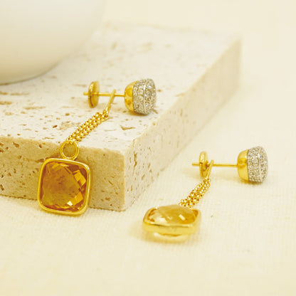 Golden Square Yellow Sapphire Drop Earrings