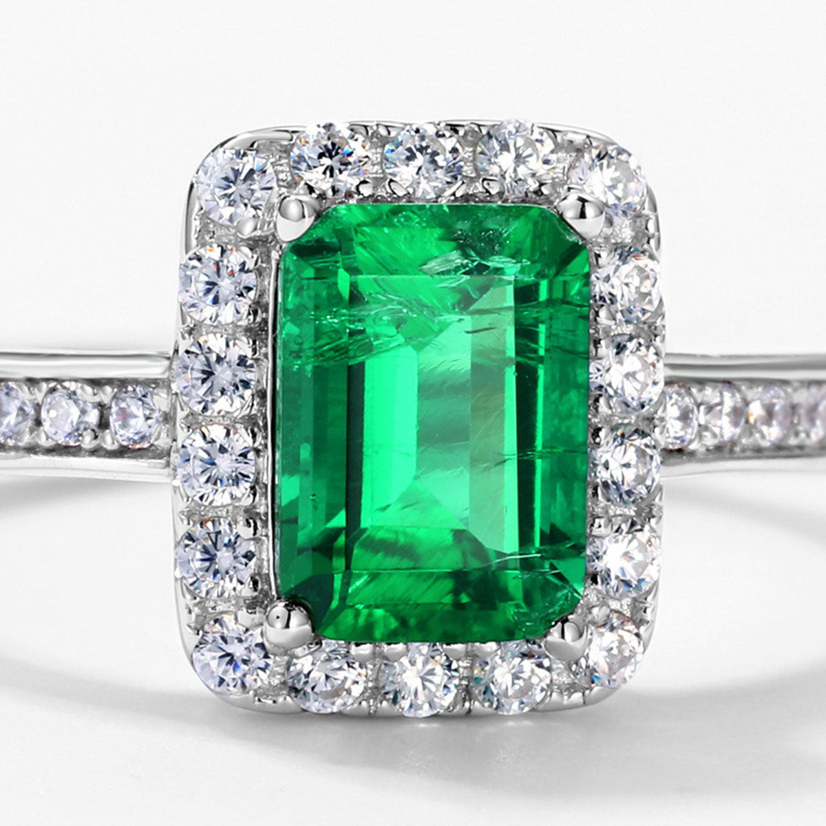 White Gold S925 Square Cut Emerald Halo Ring